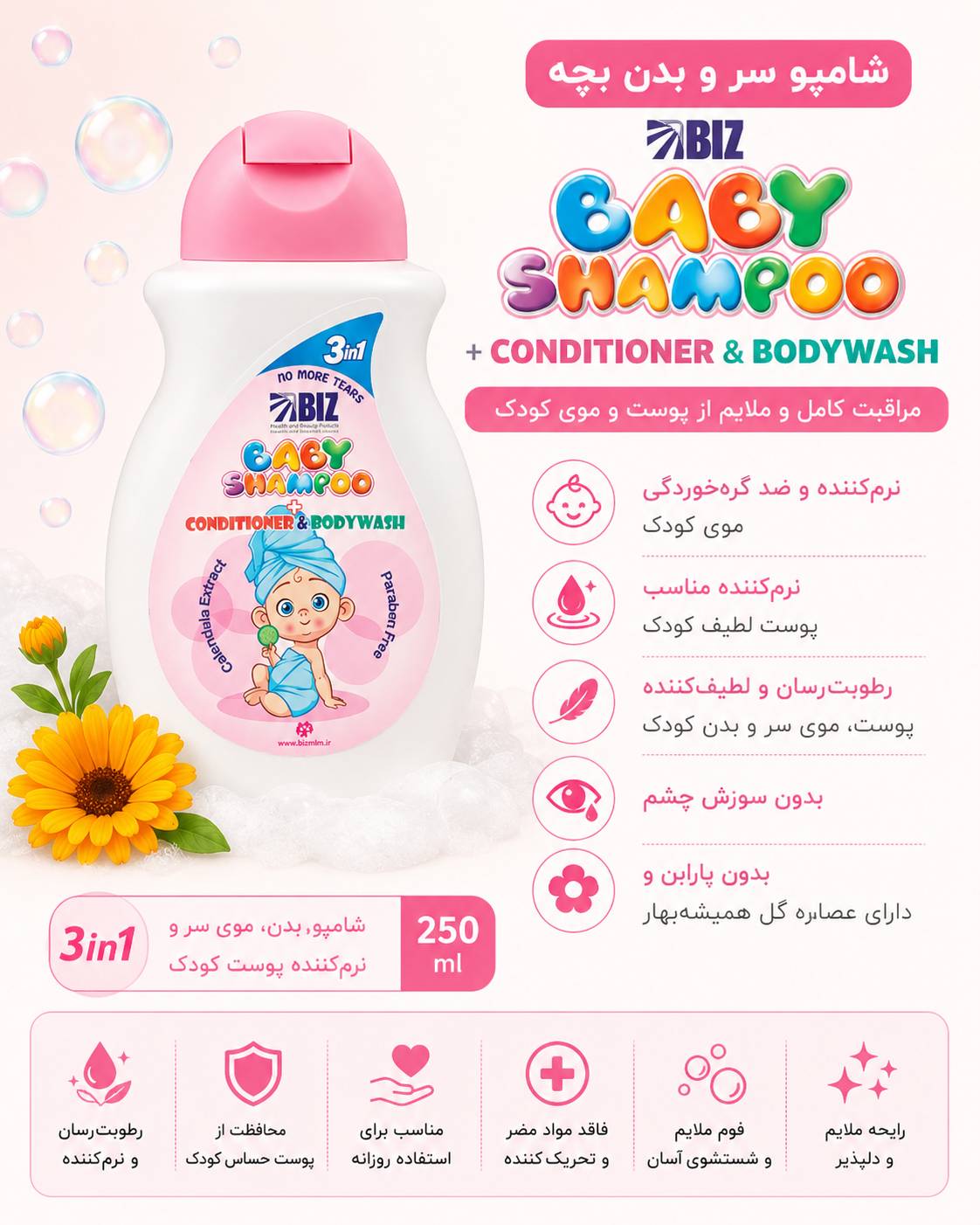 شامپو سر و بدن بچه حاوی مواد نرم کننده ۲۵۰ میلی لیتر