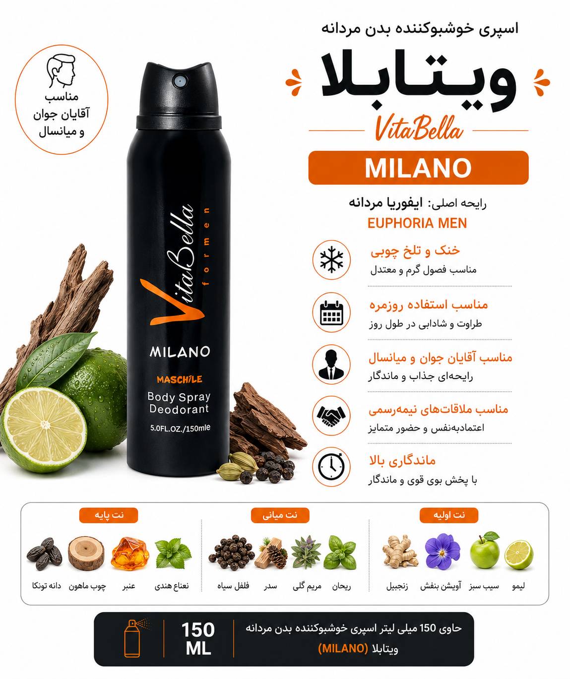 اسپری خوشبوکننده بدن مردانه ویتابلا