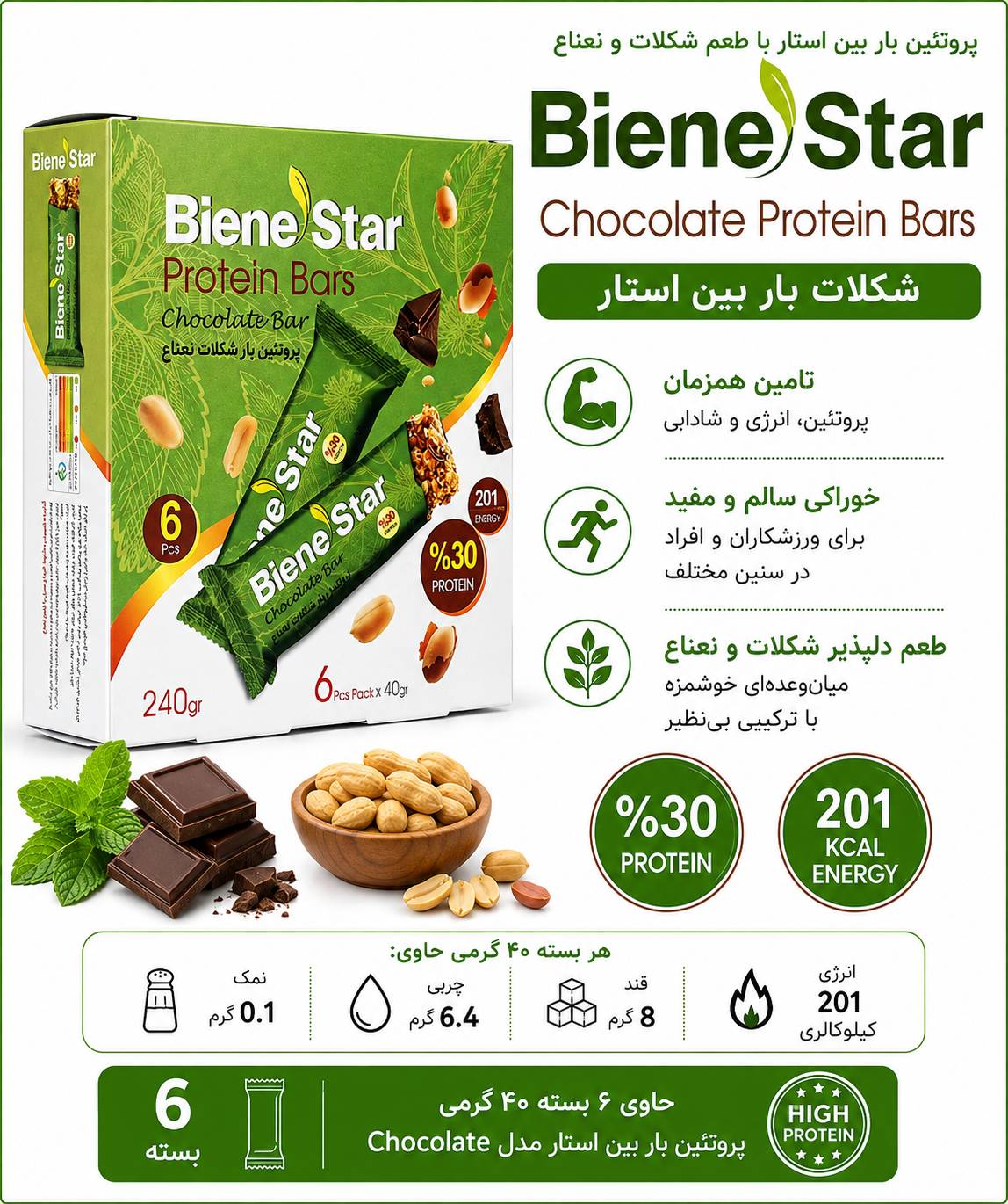 پروتئین بار شکلات نعناع بسته ۶ عددی