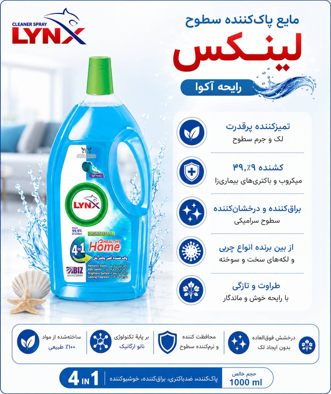 مایع پاک کننده سطوح لینکس رایحه آکوا